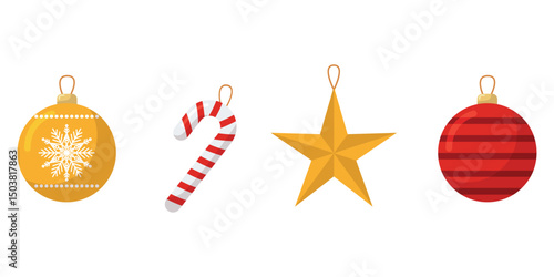 Vector christmas set of tree decoration. Balls bell, candies toy isolated on white background. Winter holidays traditional decor collection