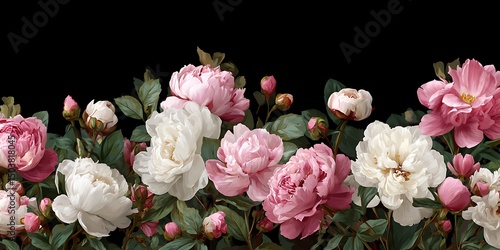 Fototapeta Naklejka Na Ścianę i Meble -  Floral banner, flower cover or header with vintage bouquets. Pink peonies, white roses isolated on black background.