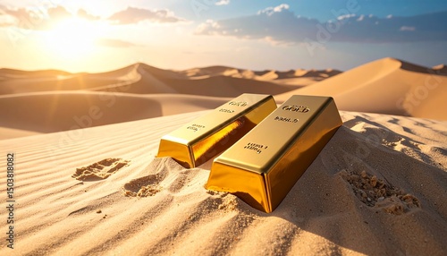 Two gold bars resting on rippled desert sand with dramatic sunlight and dunes in the background, symbolizing hidden treasure and wealth.