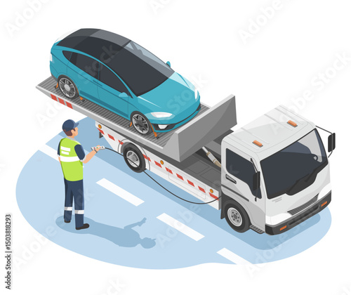 Roadside assistance staff operating a flatbed tow truck to transport a broken-down electric car under insurance coverage and after-sales service support