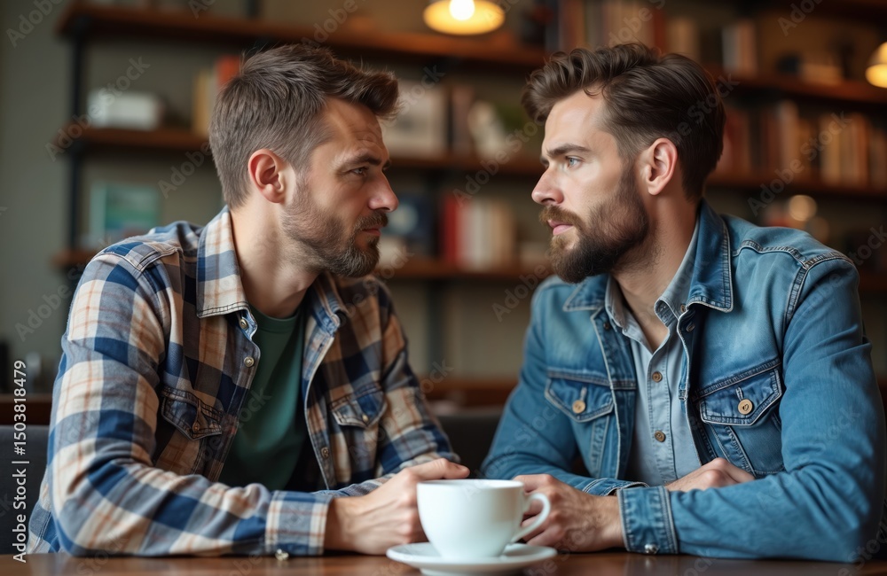 Two serious adult males friends talking together in cafe. Men discuss business project, drinking coffee, deep in thought. Casual wear. Modern interior. Blurred bookshelf background. Friendship, Two serious adult males friends talking together in cafe. Men discuss business project, drinking coffee, deep in thought. Casual wear. Modern interior. Blurred bookshelf background. Friendship,