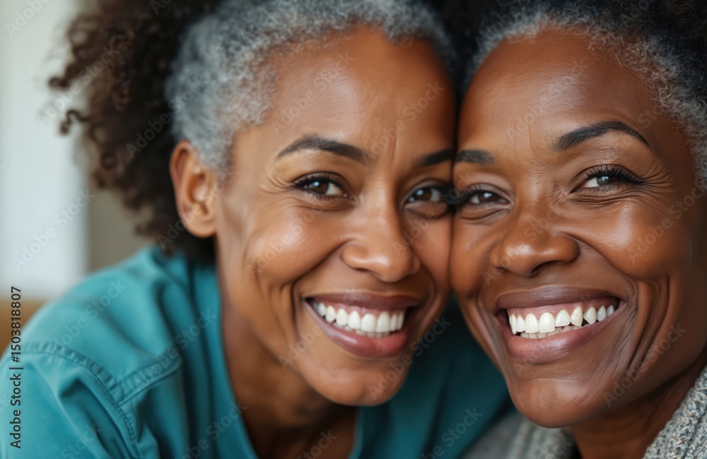 Two happy African American women smile. One is a caregiver, providing support to her elderly mother. Warm, tender relationship between generations is visible. Home care, happiness, family. Two happy African American women smile. One is a caregiver, providing support to her elderly mother. Warm, tender relationship between generations is visible. Home care, happiness, family.