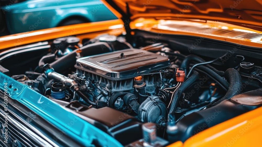 Open car hood with engine components exposed for maintenance check Open car hood with engine components exposed for maintenance check