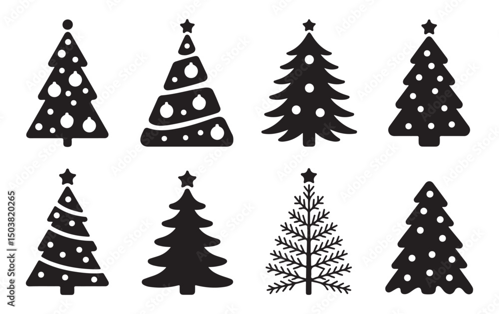 Obraz premium Set of Black Christmas Trees with Stars, Polka Dots, and Spiral Patterns, Ideal for Holiday and Seasonal Graphic Designs