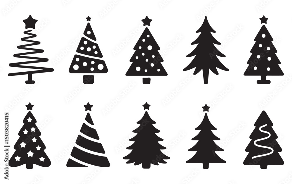 Obraz premium Set of Black Christmas Trees with Stars, Polka Dots, and Spiral Patterns, Ideal for Holiday and Seasonal Graphic Designs
