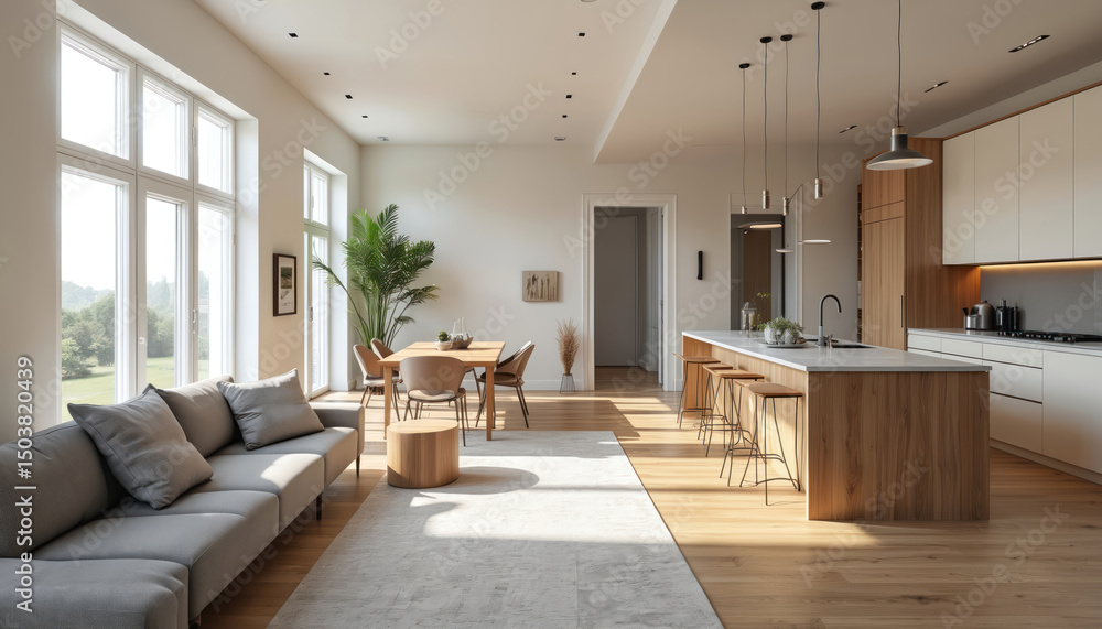 Fototapeta premium Modern open concept townhouse interior design. Spacious living area seamlessly connected to kitchen dining spaces, creating inviting atmosphere. Contemporary furniture, wooden floors, large windows,