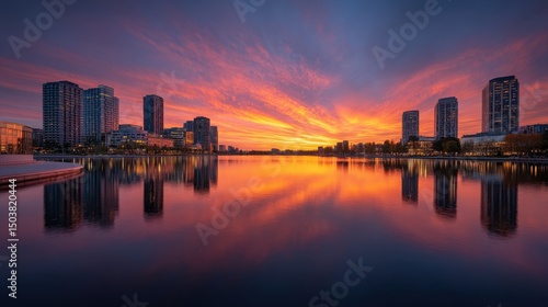 Wallpaper Mural Captivating Urban Skyline Reflected on Tranquil City Lake Featuring Silhouettes of Modern Skyscrapers Inspiring Serenity and City Life Torontodigital.ca