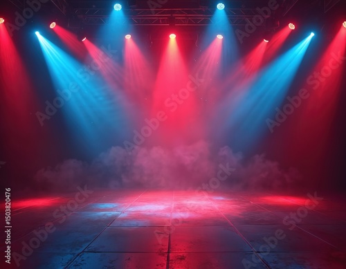 Empty nightclub stage illuminated red blue spotlights. Retro dance floor disco dancing area interior. Laser beams, smoke. Party background. Concert performance entertainment background.
