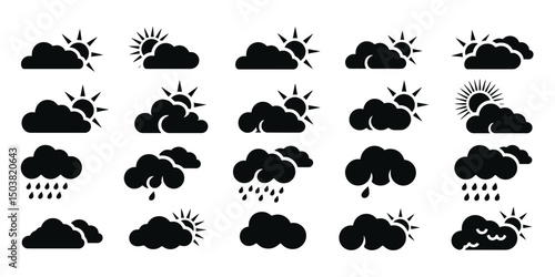Set of black weather icons with clouds vector illustration, showing sunny, rainy, snowy, stormy conditions, perfect for climate, meteorology, and weather forecasts

