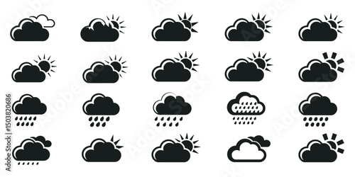 Set of black weather icons with clouds vector illustration, showing sunny, rainy, snowy, stormy conditions, perfect for climate, meteorology, and weather forecasts

