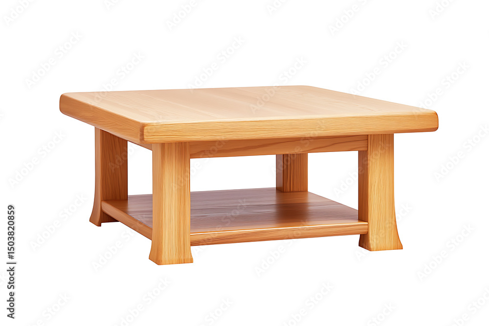 Fototapeta premium Minimalist Square Wooden Table with Open Shelf – Modern Living Room Furniture Featuring Natural Wood Grain and Simple Design