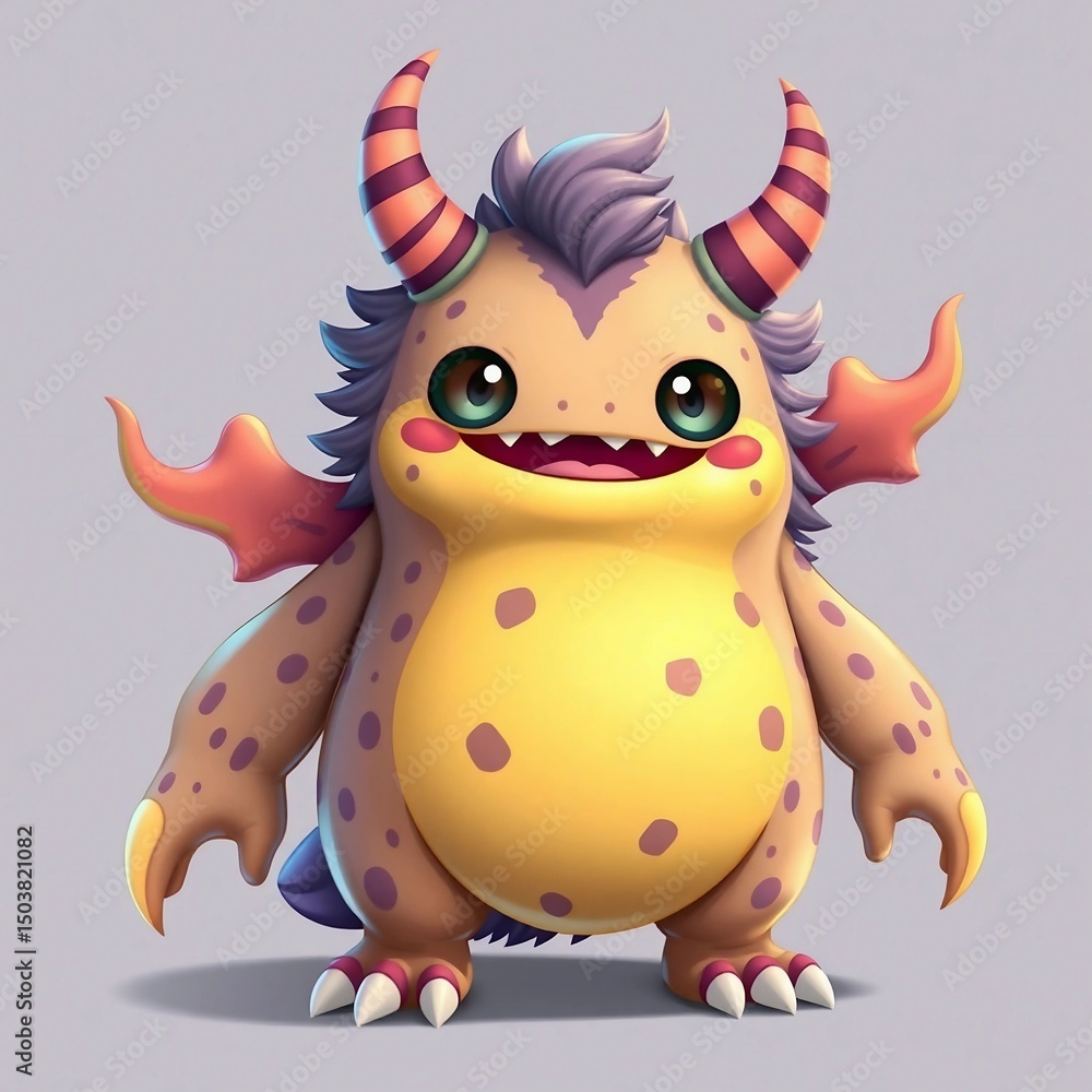 Naklejka premium Playful Illustration of a Yellow Monster with Striped Horns, Purple Hair, and Wing-Like Ears on a Gray Background
