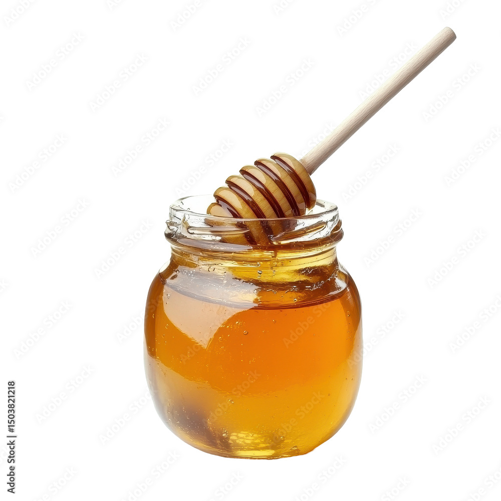 Golden honey in a jar with a dipper isolated against a clean Transparent background, Sweet honey isolated on PNG background Golden honey in a jar with a dipper isolated against a clean Transparent background, Sweet honey isolated on PNG background