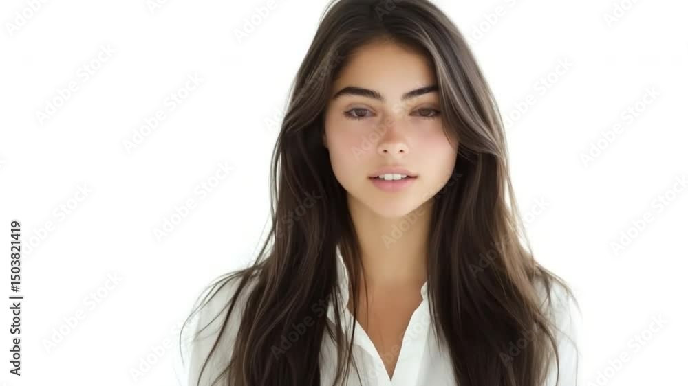 Portrait of Young Woman: A youthful woman with long brown hair gazes downward, bathed in the soft light, radiating a sense of serenity and introspection. Portrait of Young Woman: A youthful woman with long brown hair gazes downward, bathed in the soft light, radiating a sense of serenity and introspection.
