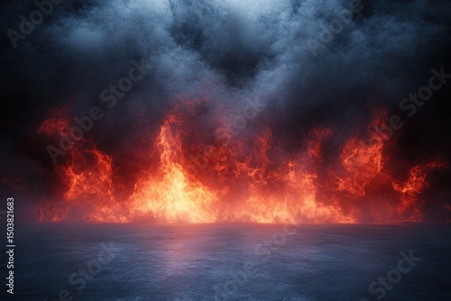 Wallpaper Mural Fiery Orange and Red Flames with Blue and Gray Smoke on Dark Reflective Surface Torontodigital.ca