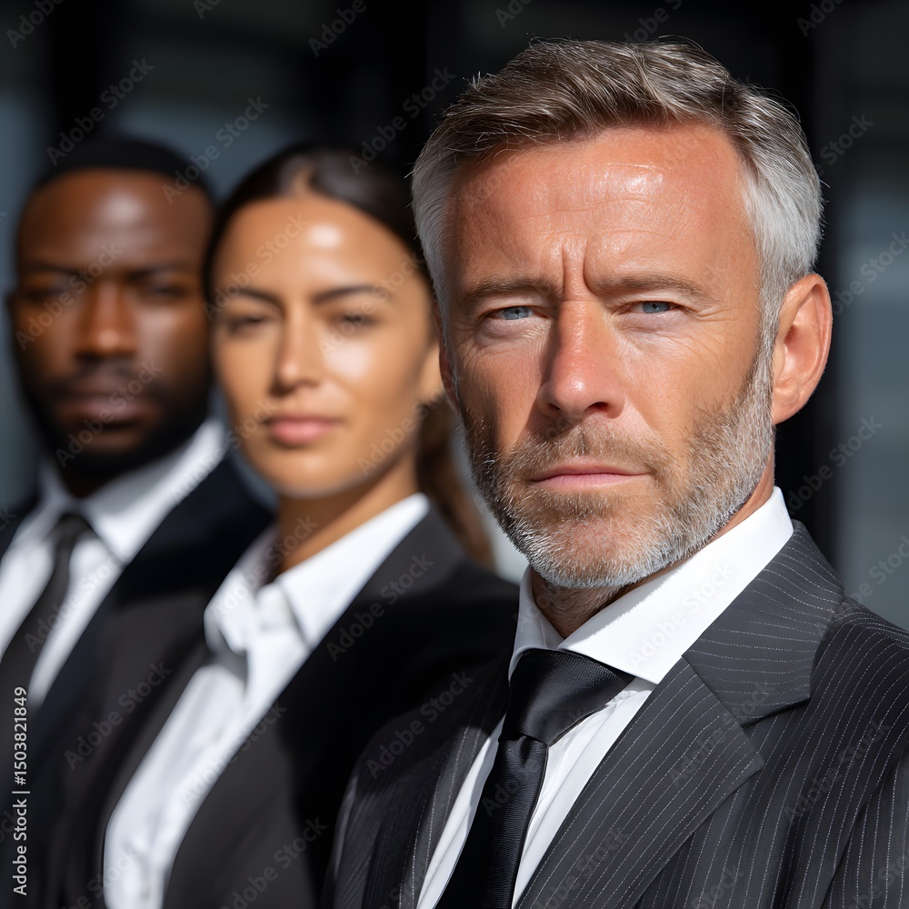 Business team in formal suits, serious expressions Business team in formal suits, serious expressions