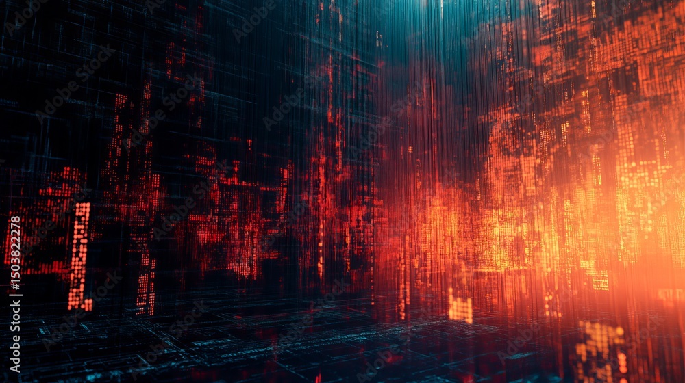 Fototapeta premium Abstract digital landscape with glowing red and orange lights and grid like structures visible