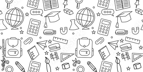 Back to school doodle seamless pattern. Hand drawn background with school supplies and creative elements. Vector illustration.