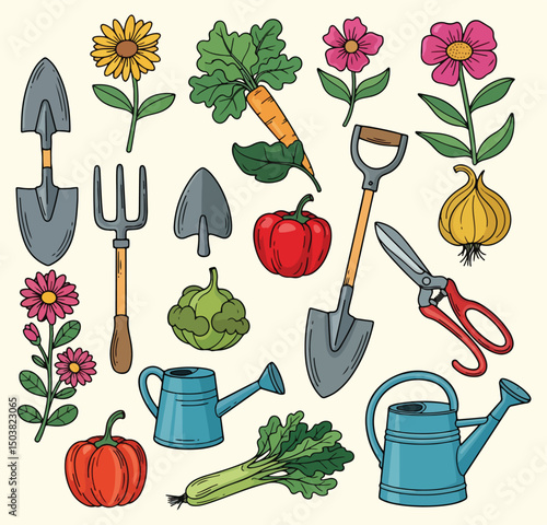 A whimsical collection of hand-drawn garden doodles featuring assorted tools, vibrant vegetables, and blooming flowers.