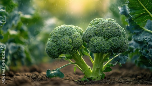 Wallpaper Mural Broccoli growing in garden under light rain Torontodigital.ca