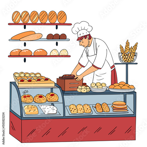 Create a bold-stroked, 2D cartoon vector illustration of a baking scene, showcasing vibrant colors and playful characters engaged in baking activities.