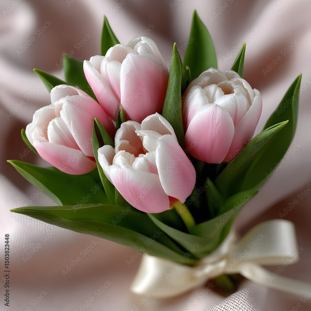 Close-up of a bouquet of pink and white tulips tied with a ribbon on a soft fabric Close-up of a bouquet of pink and white tulips tied with a ribbon on a soft fabric