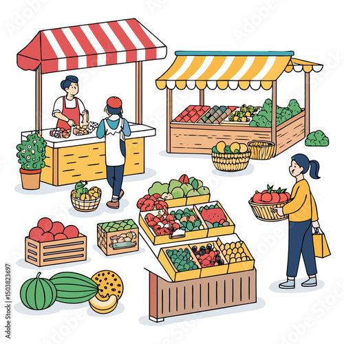 Create a vibrant vector illustration of a bustling 2D cartoon scene, featuring bold black outlines.  Emphasis on detailed character interactions.