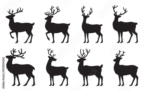 Black and White Illustrations of Reindeer Silhouettes for Christmas and Holiday Season Decorations