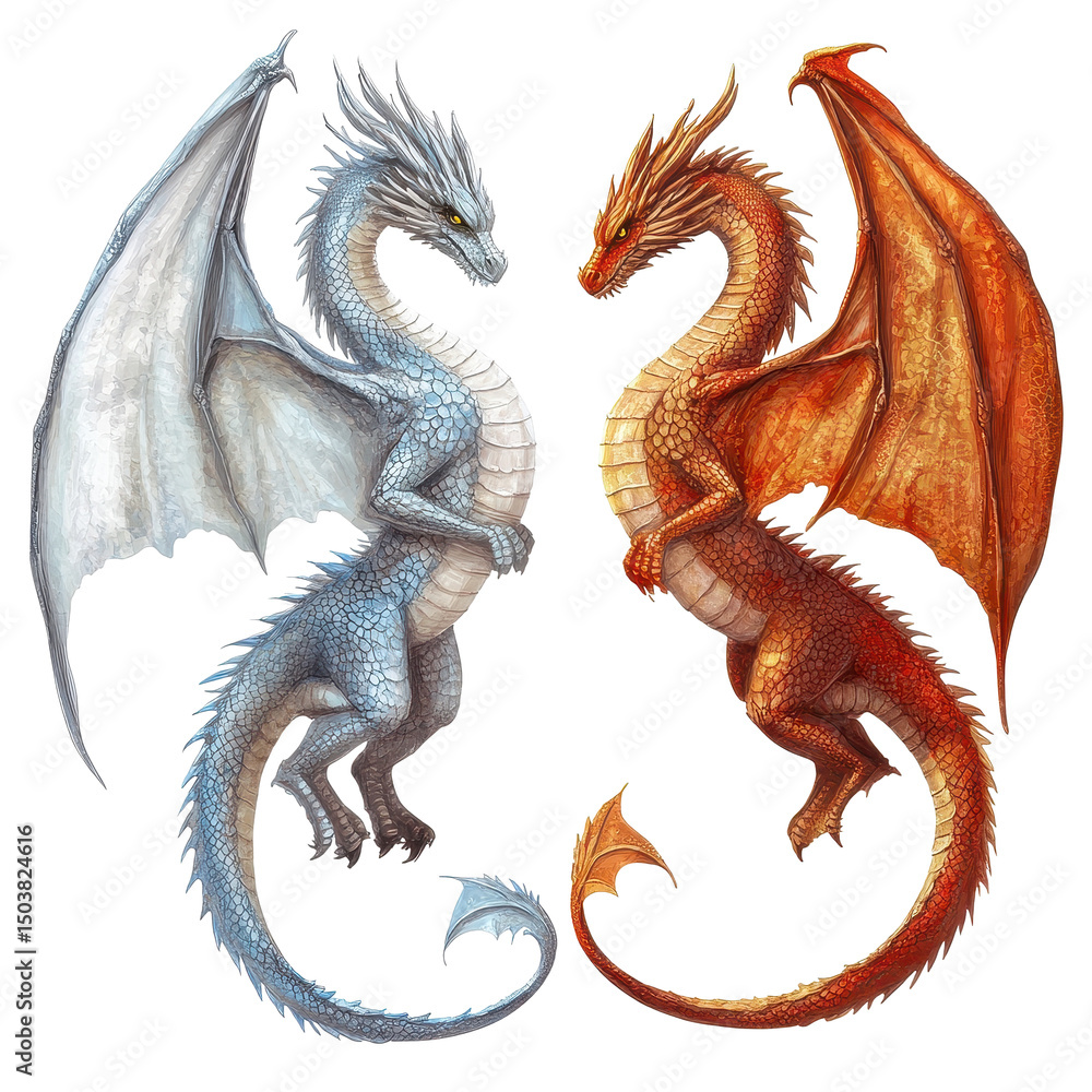 Fantasy dragons display intricate designs and vibrant colors on a white background, Fantasy Dragons Isolated on white background Fantasy dragons display intricate designs and vibrant colors on a white background, Fantasy Dragons Isolated on white background