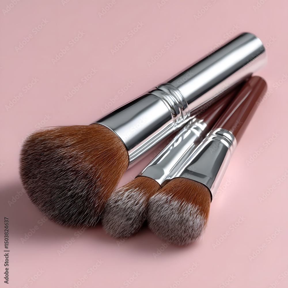 Close-up of makeup brushes, various sizes and colors, on a pink background Close-up of makeup brushes, various sizes and colors, on a pink background