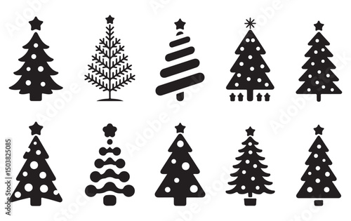Black and White Christmas Trees with Star Toppers for Holiday Season Decorations