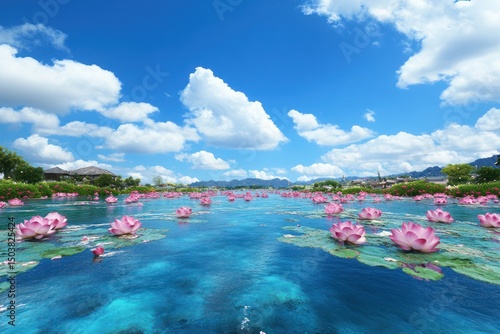 Fototapeta Naklejka Na Ścianę i Meble -  Pink Lotus Flowers on a Serene Blue Waterway under a Sunny Sky