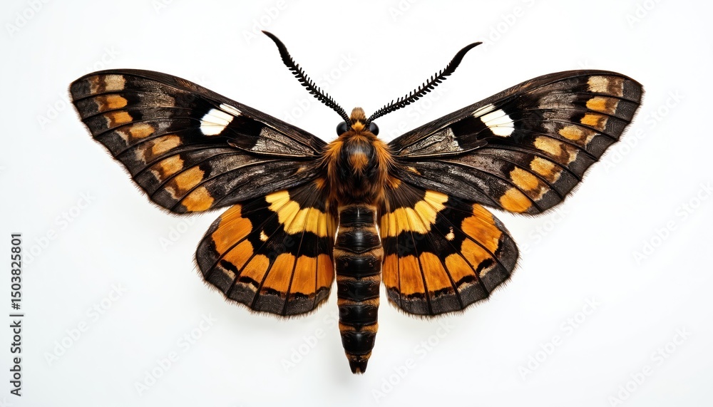 Close-up photo of Death-head hawkmoth, isolated on white. Acherontia atropos insect shows detailed wings, vibrant orange, black, yellow colors. Butterfly insect macro detail. Entomology, wildlife Close-up photo of Death-head hawkmoth, isolated on white. Acherontia atropos insect shows detailed wings, vibrant orange, black, yellow colors. Butterfly insect macro detail. Entomology, wildlife