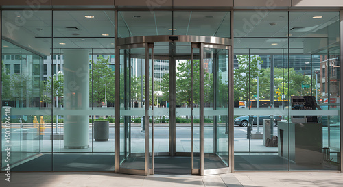 Modern Glass Revolving Doors in a City Building Entrance