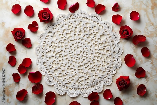 Red Rose Petals and Lace Doily Illustration