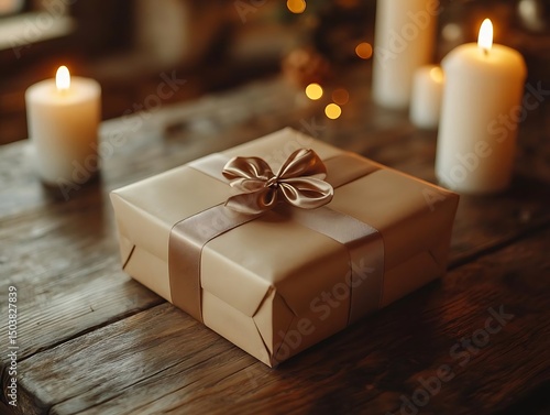 Gift Box with Brown Ribbon on Wooden Table with Candles Photo