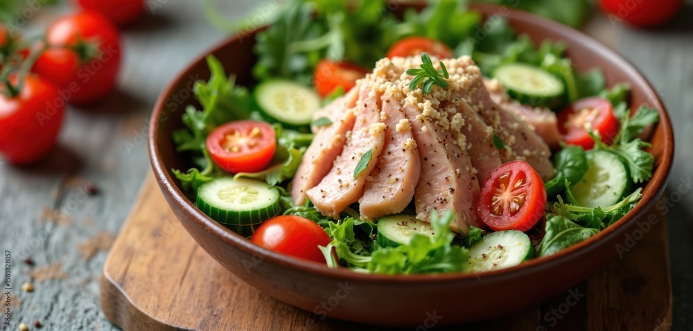 Tuna salad bowl with fresh tomatoes, cucumbers, green arugula, spices. Delicious healthy lunch, dinner, or snack. Homemade meal with protein, vegetables for wellness. Appetizing light food. Tuna salad bowl with fresh tomatoes, cucumbers, green arugula, spices. Delicious healthy lunch, dinner, or snack. Homemade meal with protein, vegetables for wellness. Appetizing light food.