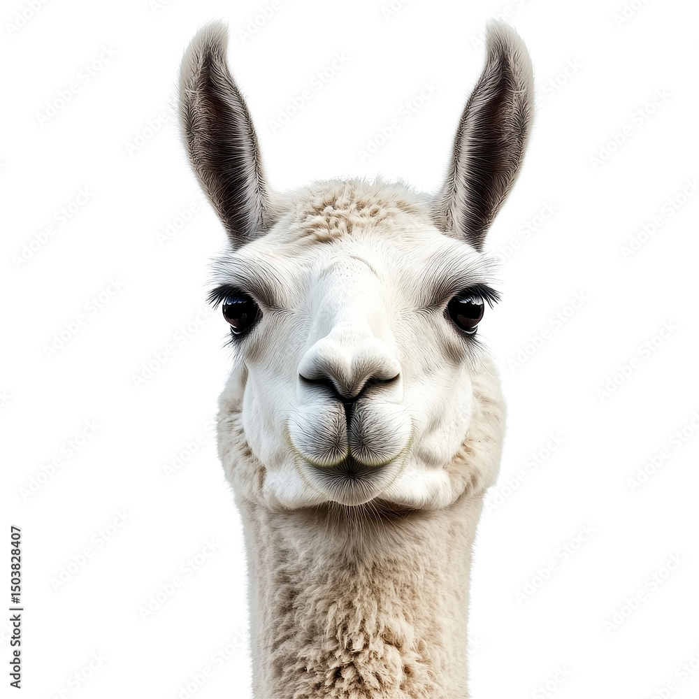 Obraz premium Cute lama with fluffy white fur and expressive eyes against a clean Transparent background, Cute lama. PNG background