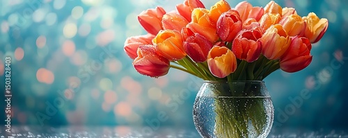 Beautiful Bouquet of Orange and Red Tulips in a Glass Vase with Water Droplets on a Teal Background