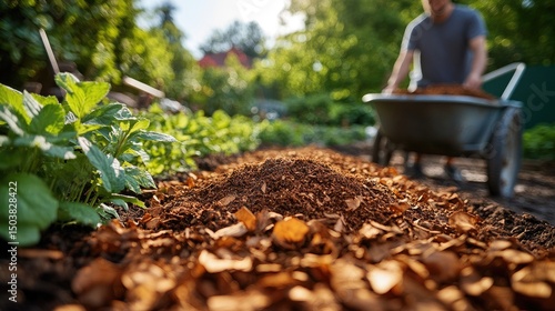 Man adding mulch to garden beds