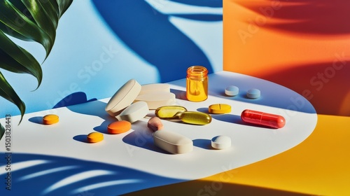 Colorful array of dietary supplements on abstract background with natural light