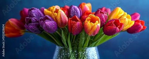 Colorful Tulips Bouquet in a Glass Vase with Dew Drops - Photo