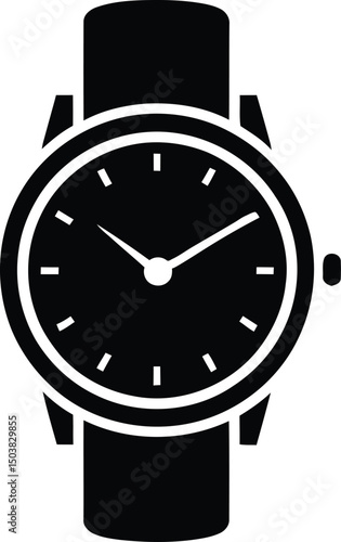 Simple black and white watch icon illustrating timekeeping and punctuality for various design and branding applications