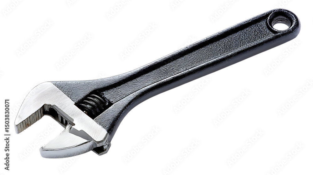 Obraz premium A metal pipe wrench. The wrench is open and sitting on a white background.