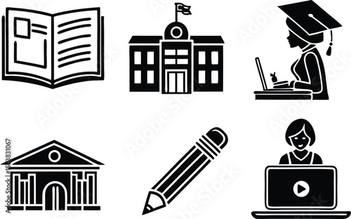Education Icon Set Silhouettes. Learning Icon Collection in Black. School and Study Icons Silhouettes. Academic Silhouette Icons Design. Knowledge and Study Icons Set