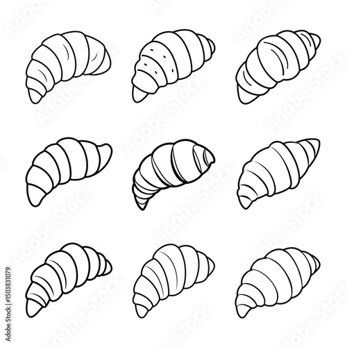 A black and white vector grid of 9 croissant illustrations in varied styles and angles. Ideal for culinary designs, menus, cafe decor, bakery branding, food packaging, food blogs, baking labels