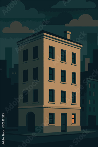 Minimalist nighttime building illustration with soft lighting and cityscape background. A calm urban night scene with a single lit window creating a sense of story and solitude.