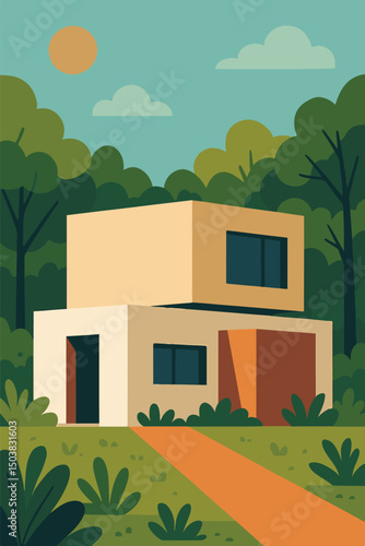 Modern minimalist house in the middle of a green forest, with a sunny sky and lush plants. Flat vector art with clean geometry and nature-inspired scenery.