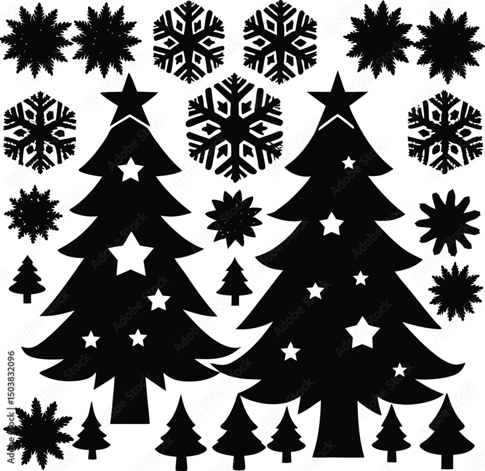 Obraz premium Christmas trees and snowflakes in black and white silhouette vector illustration