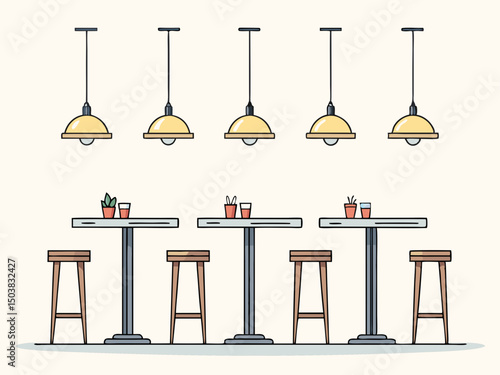 Design a vector illustration of bold, illuminated bar lighting fixtures with hanging pendant lamps, emphasizing strong strokes and clean lines.